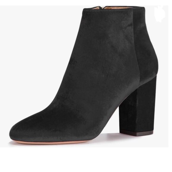 Shoes - Black Women Round Toe Velvet Ankle Boots Block Heel Side Zipper Office Shoes